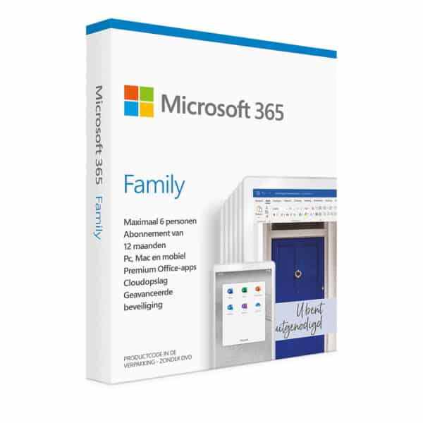 Microsoft 365 Family, Office abonnement voor 6 gebruikers, 12 maanden, inclusief Office-apps en beveiliging.