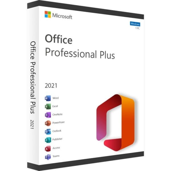 Alt: Microsoft Office Professional Plus 2021 pakket met Word, Excel, PowerPoint, Outlook, en meer.