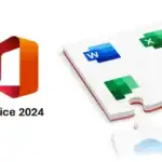 Alt: Logo van Office 2024 naast een puzzel met Microsoft Office iconen zoals Word, Excel en PowerPoint.