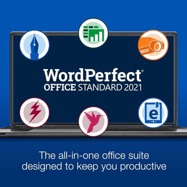 Veiligheid en productiviteit met Office WordPerfect 2021 op zakelijk laptop.