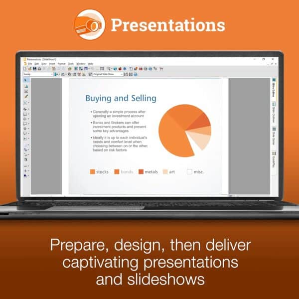 Beeldpresentatie over kopen en verkopen van investeringen met grafieken en diagrammen.